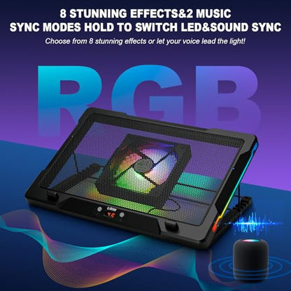 G-STORY Gaming Laptop Cooling Pad with Movable Fan and Automatic Speed Adjustable by Temperature,Music Sync RGB Light,Low Noise Laptop Cooler 3 Speed 1500/1750/2000RPM(140MM) Stand 12–17.3" Notebook