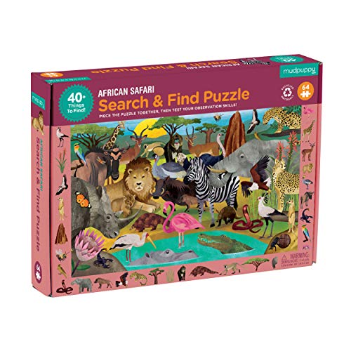 Mudpuppy African Safari — 64 Piece Search & Find Puzzle Jigsaw Puzzle Featuring Diverse Safari Animals and Over 40 Hidden Images to Find for Ages 4+ - color: African Safari
