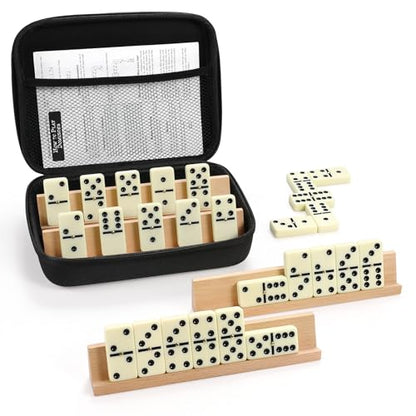 Dominoes Set Adults with 4 Wooden Racks/Trays Double Six Dominoes Travel Set with Portable Case Double 6 Dominoes Set with 4 Tiles Holders 28 Tiles Dominos Set Family Classic Board Games White - color: White