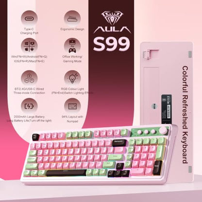 AULA Keyboard, Wireless Gaming Keyboard Creamy Bluetooth Computer Keyboards | 99 Key, Membrane Keyboard with Number Pad,RGB Backlit,Tri-Mode BT/2.4GHz/USB-C,Pink&Green&Coffee Color - color: Pink&Green&Coffee