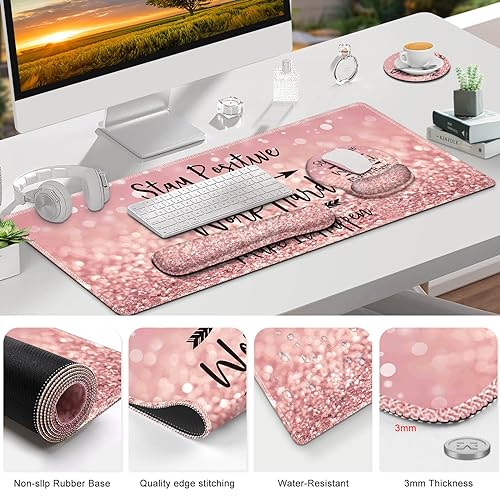ToLuLu Desk Mat, XXL Large Mouse Pad Wrist Support Set，4 in1 Gaming Mousepad Desk Pad+ Ergonomic Mouse Pad with Wrist Rest + Keyboard Wrist Rest+Coaster for Women Home Office Table, Pink Stay Positive - color: Pink Stay Positive