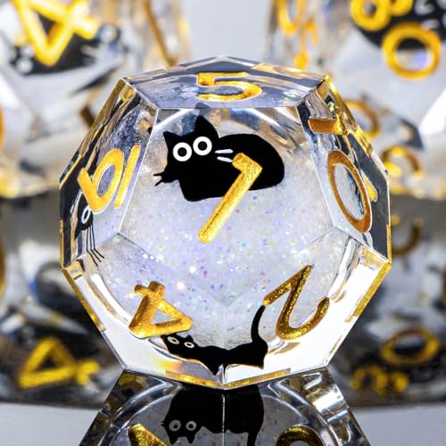 Roycevon Resin DND Dice Set with Gift Box, 7Pcs Liquid Core Cat D&D Dice, Cute Dungeons Dragons D and D Dice, Sharp Edge Role Playing Game Dice D20 D12 D10 D8 D6 D4, White Gold - color: White Gold