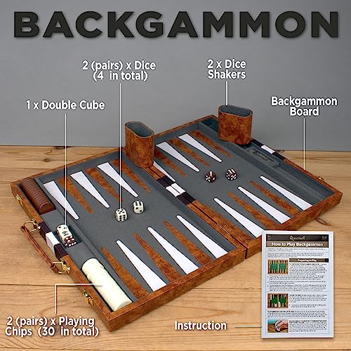 Large Backgammon Sets for Adults - Classic Board Games for 2 Players Adults and Kids - Premium Backgammon Set 15 inch Board and 32 Backgammon Pieces in Quality PU Leather Case - Gift for Man - style: Premium Brown
