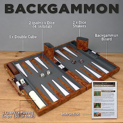 Large Backgammon Sets for Adults - Classic Board Games for 2 Players Adults and Kids - Premium Backgammon Set 15 inch Board and 32 Backgammon Pieces in Quality PU Leather Case - Gift for Man - style: Premium Brown