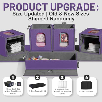 Trading Card Storage Box with Commander Display for MTG, TCG, Sports Cards, 5-in-1 Card Deck Box, Holds 450+ Double-Sleeved Cards, 4 Individual Deck Cases with Covers, Dice Tray & Magnetic Holders - color: Purple & Grey