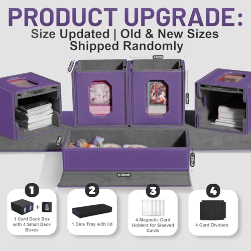 Trading Card Storage Box with Commander Display for MTG, TCG, Sports Cards, 5-in-1 Card Deck Box, Holds 450+ Double-Sleeved Cards, 4 Individual Deck Cases with Covers, Dice Tray & Magnetic Holders - color: Purple & Grey