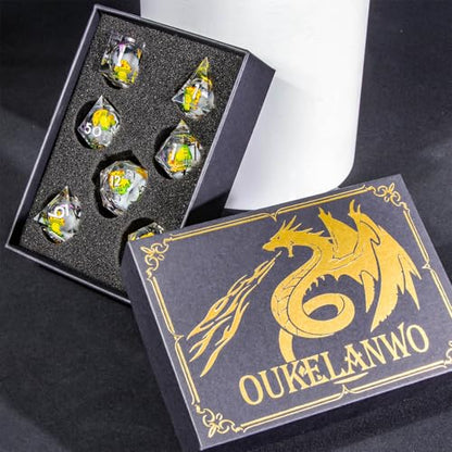 OUKELANWO Liquid Core Mushroom DND Dice Set D&D, 7Pcs Resin Sharp Edge Dice with Gift Box, Dungeons Dragons D and D Role Playing Gaming Dice D20 D12 D10 D8 D6 D4, White and Yellow - color: White and Yellow
