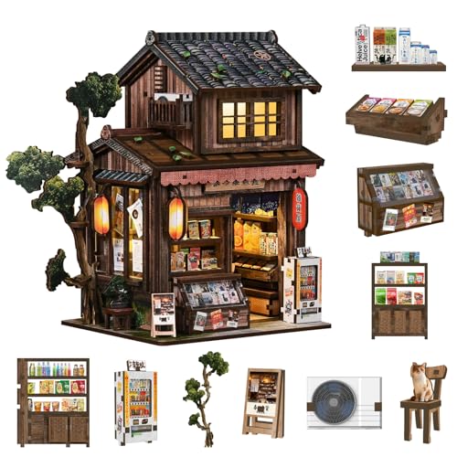 Book Nook Kit DIY Miniature Dollhouse, Japanese Grocery Store Style | 3D Wooden Puzzle, Bookend Decor, LED Light, Birthday Christmas Gift - style: Kasuga