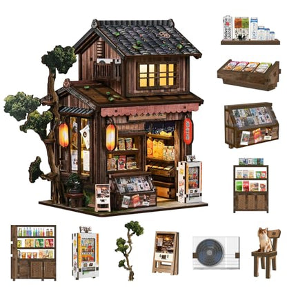Book Nook Kit DIY Miniature Dollhouse, Japanese Grocery Store Style | 3D Wooden Puzzle, Bookend Decor, LED Light, Birthday Christmas Gift - style: Kasuga