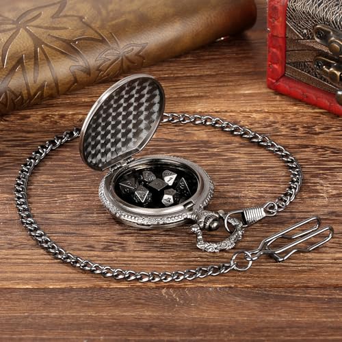 Mini DND Dice Set With Steampunk Barbarian Axe Pocket Watch Shell Case, 7pcs Polyhedral Metal Dice Set, D&D Gifts With Gift Box, Role Playing Board Games Accessories, Dark Silver - color: Dark Silver