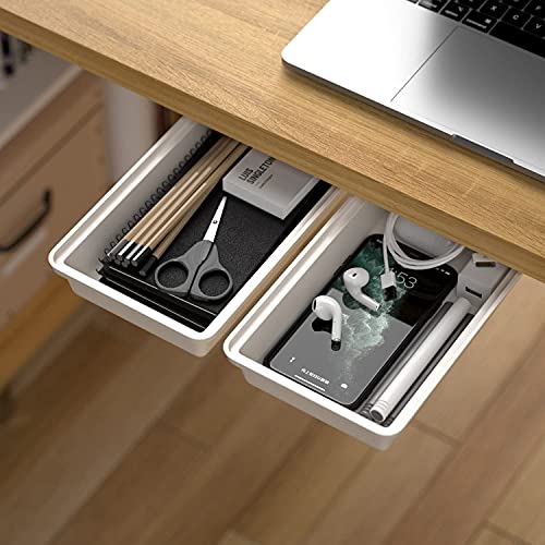 SVNNELP 2Pack Under Table Desk Drawer Storage Organizer Slide Out, Hidden Self-Adhesive Under Desktop Pencil Tray Drawer for Office,Classroom,Kitchen(S/white） - size: S