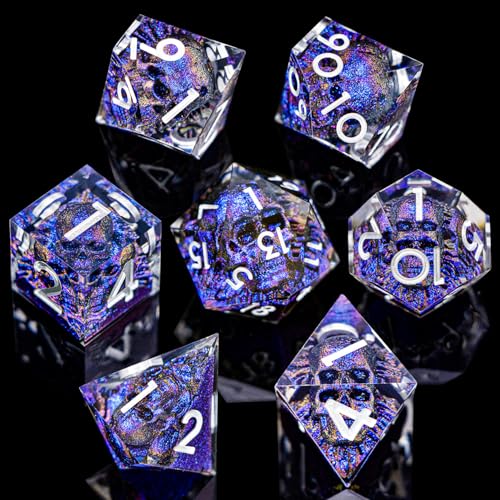 DND Skull Dice Set 7PCS Necromancer Polyhedral Dice for Dungeons Dragons RPG Role Playing Game, Resin Sharp Edged D and D Dice with Gift Box D6 D8 D10 D12 D20 (Blue-Violet) - color: Blue Purple&silver