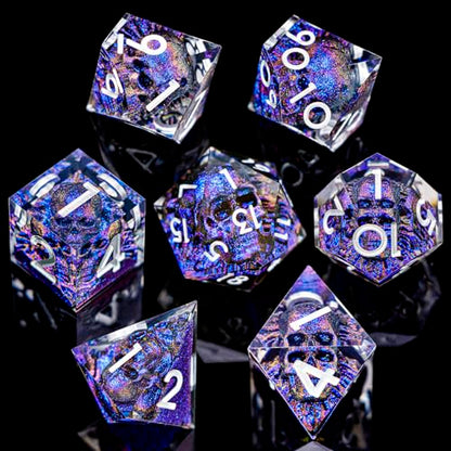 DND Skull Dice Set 7PCS Necromancer Polyhedral Dice for Dungeons Dragons RPG Role Playing Game, Resin Sharp Edged D and D Dice with Gift Box D6 D8 D10 D12 D20 (Blue-Violet) - color: Blue Purple&silver
