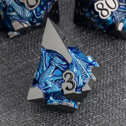 Roycevon Relief Dragon DND Dice Set for Role Playing Game, 7Pcs Metal D&D Dice Set Dungeons Dragons with Gift Box, Polyhedral D and D Dice D20 D12 D10 D8 D6 D4, Blue and Black - color: Blue and Black