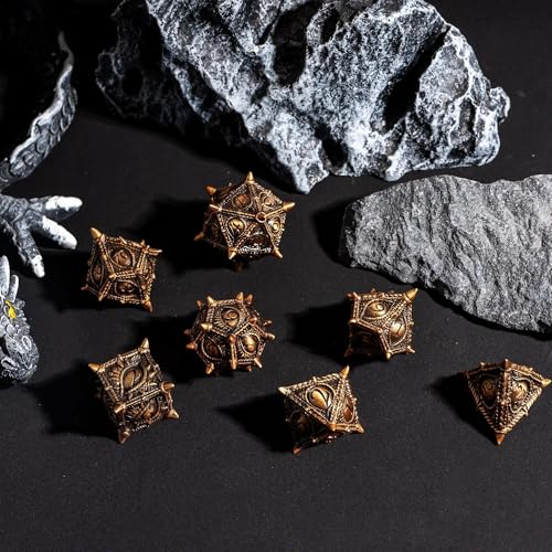 Metal Dice Set Dragon Eye Metal DND Dice Set for D&D Tabletop Games | Leather Storage Bag, DM Gift, for Dungeons and Dragons Role Playing Games - color: Dragon-antique Gold
