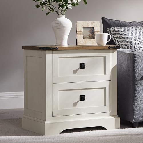 T4TREAM 24" Farmhouse Nightstand with Charging Station, Antique White | End Table, 2 Large Storage Drawers, Rustic Wood Sofa Bedside Table, Bedroom, Living Room - color: Antique White, size: 24"W*15.75"D*24"H