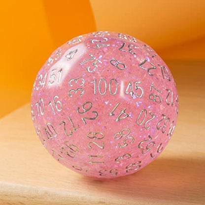 DNDND D100 Die with Pink Chameleon Powder Inside with Translucent Pouch for D&D Dungeon and Dragons - color: Chemele Pink