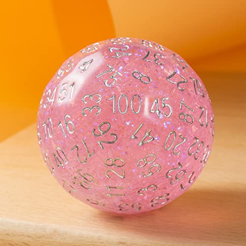 DNDND D100 Die with Pink Chameleon Powder Inside with Translucent Pouch for D&D Dungeon and Dragons - color: Chemele Pink