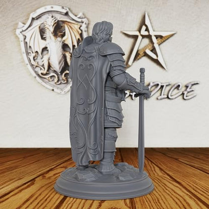 AUSPDICE Master Fighter 28mm, Unpainted Human Fantasy RPG Miniature AS227 | DND Miniature for Dungeon Masters: Armored Swordsman with Longsword and Ornate Shield for TTRPG Battles and Castle Defense