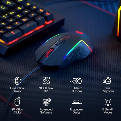 Redragon S141 Combo, K515 Membrane Gaming Keyboard + M616 10000 DPI Mouse | 4 On-the-Fly Combos, Mechanical-Feel Linear Quiet Typing, 6-Button Precision Control, Detachable Wrist Rest, PRO Software - color: S141