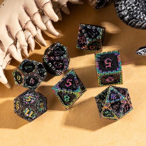 UDIXI Metal Dice Set D&D, Rainbow Metal DND Dice Set for RPG Tabletop Games | 7-Pieces, Dragon Carved, Chain-edge Design, Metal Gift Box, DM Gift, for Dungeons and Dragons Role Playing Games - color: Chain Frame-colorful Black