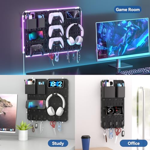 KDD 9 in 1 RGB Gaming Wall Organizer Peg Board - DIY Pegboard Combination Kit with Phone Stand/Pen Holder/Storage Box/Headset & Controller Holder/Hooks for Office & Home Gamer Room Decor Accessories