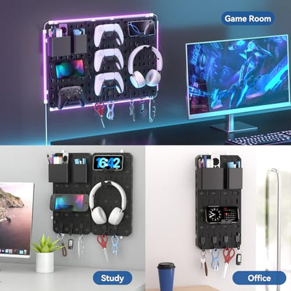KDD 9 in 1 RGB Gaming Wall Organizer Peg Board - DIY Pegboard Combination Kit with Phone Stand/Pen Holder/Storage Box/Headset & Controller Holder/Hooks for Office & Home Gamer Room Decor Accessories