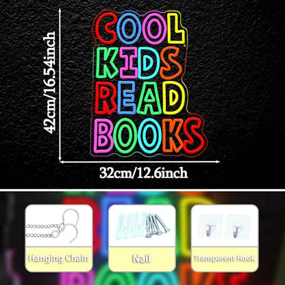 Cool Kids Read Books Neon Sign for Wall Decor Reading Letters Neon LED Light USB Powered Book LED Light Sign for Classroom Library School Girls Boys Room(12.6 * 16.54In) - style: Cool Kids Read Books