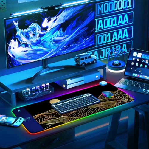 ToLuLu RGB Wireless Charging Gaming Mouse Pad, 7.5/10/15W 10 Light Modes LED Mouse Pad Computer Keyboard Mat Mousepad, 800x300x4MM Extended Large Desk Mat Desk Pad, Sun Shines Over Golden Mountain - color: Sun Shines Over Golden Mountain
