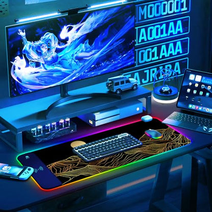 ToLuLu RGB Wireless Charging Gaming Mouse Pad, 7.5/10/15W 10 Light Modes LED Mouse Pad Computer Keyboard Mat Mousepad, 800x300x4MM Extended Large Desk Mat Desk Pad, Sun Shines Over Golden Mountain - color: Sun Shines Over Golden Mountain