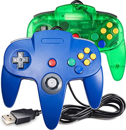 2 Pack Classic N64 Controller, miadore N64 Wired USB PC Game pad Joystick, N64 Bit USB Wired Game Stick Joy pad Controller for Windows PC MAC Linux Raspberry Pi 3 Sega Genesis (Clear Green/Blue) - color: Clear Green/Blue