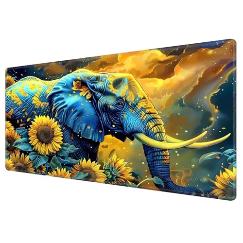 Large Gaming Playmat Compatible with MTG, Seamless Card Game Mat with Stitched Edges, 23.6 x 13.7 in Natural Rubber Desk Pad with Transparent Drawstring Bag, Elephant in Sunflower Field - color: Elephant in Sunflower Field, size: 24"X14" Regular