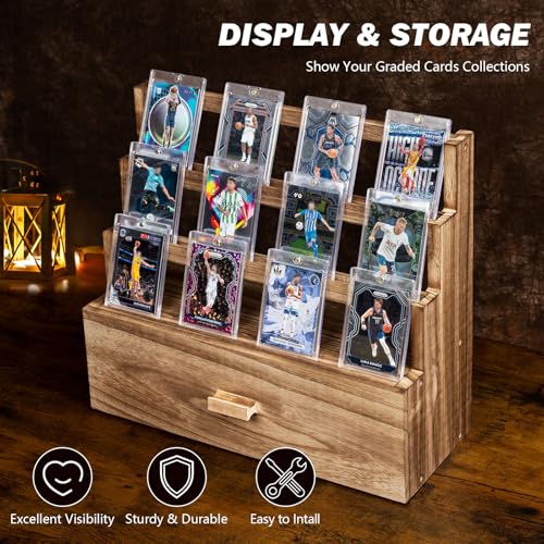 Emfogo Trading Card Display, 3-Tier Card Display Case with Custom Drawer, Wood Graded Card Display with Supporters and Dividers, Sports Card Display Case (Brown) - color: Rustic Brown