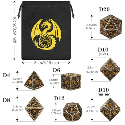 Retro Bronze Dragon Eyes Metal Dice Set, 7 Pcs Polyhedral Dice with Bag, TRPG Accessory, for DND Fans, Birthday Gifts for Him Men Gamer - color: Black Metal