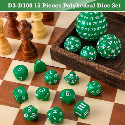 Civaner 15 Pcs Complete Polyhedral Dice Set D3-D100 Spherical RPG Dice Set in Opaque Black, 100 Sides for Role Playing Table Games Party Supplies(Green and White) - color: Green and White