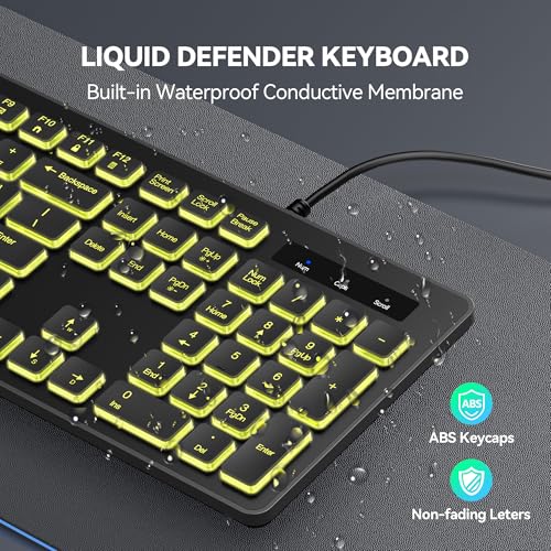 TECKNET Wired Keyboard,Silent USB Keyboard for Office,Spill-Resistant,Slim Full-Size Membrane Layout,Plug and Play for PC/Laptop/Mac-RGB Backlit