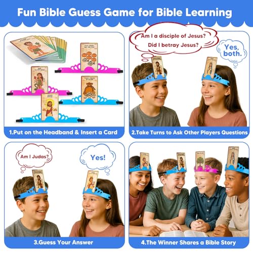 Garybank Bible Headbands Games for Kids, Bible Character & Item Guess Game | 66 Picture Keyword Cards, 4 Headbands, 1 Hourglass, Learn Biblical Stories & Verses, Sunday School, Family Night, Easter Gift