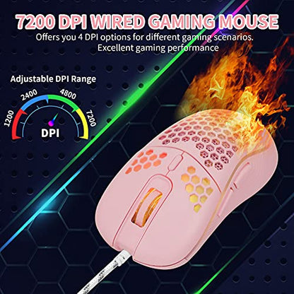Techsea Honeycomb Wired Gaming Mouse with RGB On/Off Switch, 7200 Adjustable DPI, Ergonomic Lightweight Design & High Precision Sensor for PC/Mac Gamers (Pink) - color: Pink