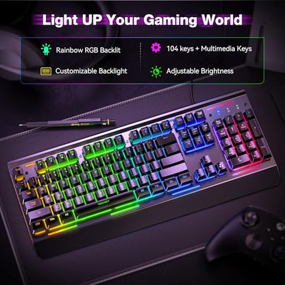 TECKNET Wired Gaming Keyboard, RGB Backlit Keyboard with Metal Panel Design | 15-Zone RGB Illumination, Whisper Quiet Design, IP32 Water Resistance, 25 Anti-ghosting Keys, Ergonomic Design - color: Black