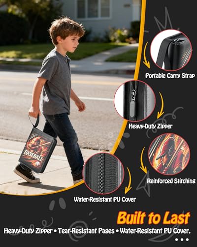 Best baseball card binder 4-Pocket holds 480 cards, 120 pages side-loading, PU leather zip waterproof cover, acid-free pages, for home storage & card shows, baseball cars binder, gift kids boys girls! - color: 4-Dark and Red