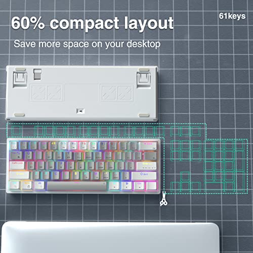 SK961 60% Wireless Gaming Keyboard with Triple Mode BT5.0/2.4GHz/USB-C Wired,RGB Backlight 61 Keys Wireless 60% Keyboard Hot Swappable Mechanical Keyboard,Red Switch - color: SK961-greywhite-redswitch