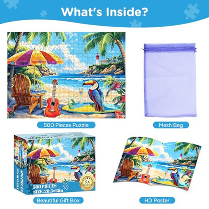 500 Piece Jigsaw Puzzle for Adults, Beach Scenery Jigsaw Puzzle, Chair and Guitar Jigsaw Puzzles, Seaside Lover Challenging Puzzles for Friends Family Activity Game Nights Gifts - style: Sea