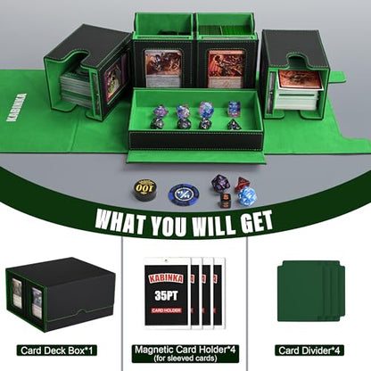 Kabinka Card Deck Box for MTG Commander, Holds 400+ Double-Sleeved Cards, 5 IN 1 Detachable Card Case with Dice Tray, Fits Magic/TCG Cards, 4 Magnetic Card Holders & Dividers (Black Green) - color: Black Green