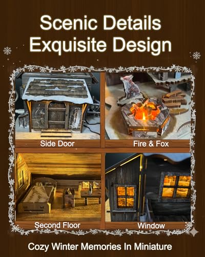 LED 3D Wooden Puzzle Winter Cabin DIY Miniature Building Kit with LED Lights - 3D Craft Rural Wooden Cabin Models Decor Gift for Adult