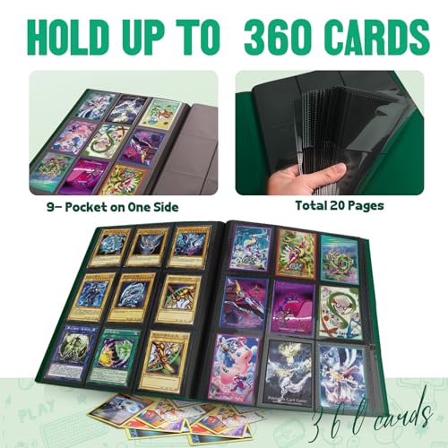 Card Binder 9-Pockets,Trading Card Binder,20 Pages, 360 Card Capacity Collection Binder, Card Folder for MTG, TCG, Game Cards & Sports Cards (Green) - color: Green