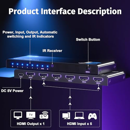 4K HDMI Switch 5x1 with Remote - 4K@60Hz HDR HDCP 2.2 - Auto-Switcher Splitter for PS5/PS4/Xbox/Switch/PC - size: 4K HDMI Switcher 5 port