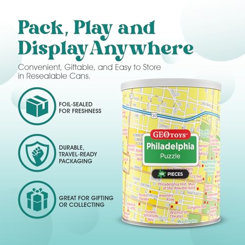 Geotoys Philadelphia Mini City Puzzle - 100 Piece Puzzles for Kids and Adults in Portable Can, 13" x 10" Educational Travel Puzzle for Ages 7 and Up - Mini Puzzles to Learn & Explore Geography - style: Philadelphia