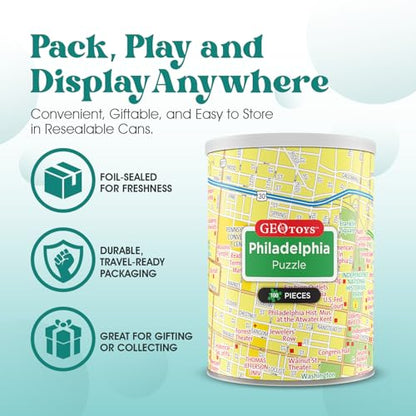 Geotoys Philadelphia Mini City Puzzle - 100 Piece Puzzles for Kids and Adults in Portable Can, 13" x 10" Educational Travel Puzzle for Ages 7 and Up - Mini Puzzles to Learn & Explore Geography - style: Philadelphia