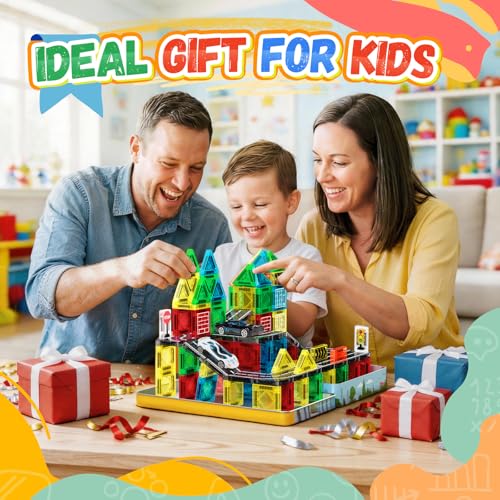 Magnetic Tiles - Road Set, City Race Track Travel Building Blocks with 2 Cars & Metal Box, Mini Magnet Tiles Outdoor Construction Toys for Boys, STEM Sensory Gifts for Toddlers 3-5 4-8 Years Old