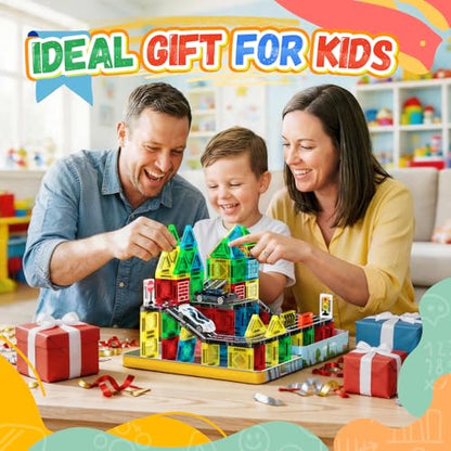 Magnetic Tiles - Road Set, City Race Track Travel Building Blocks with 2 Cars & Metal Box, Mini Magnet Tiles Outdoor Construction Toys for Boys, STEM Sensory Gifts for Toddlers 3-5 4-8 Years Old